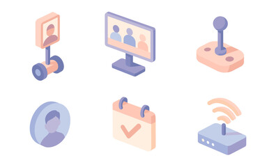 Isometric icons of technology and communication devices in pastel shades
