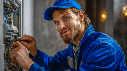 Smiling man in blue work uniform is repairing electrical wiring in a modern building, showcasing technical skills and expertise in electrical maintenance and installation processes