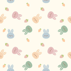 Face rabbit cartoon so cute. On carrot strawberry background. Pattern seamless vector illustration. 