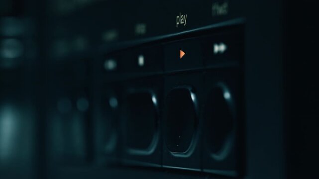 Man pushing play button at retro player in dark room closeup. Hand pressing knob