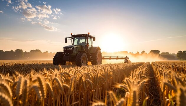 Tractor working golden wheat field at sunrise