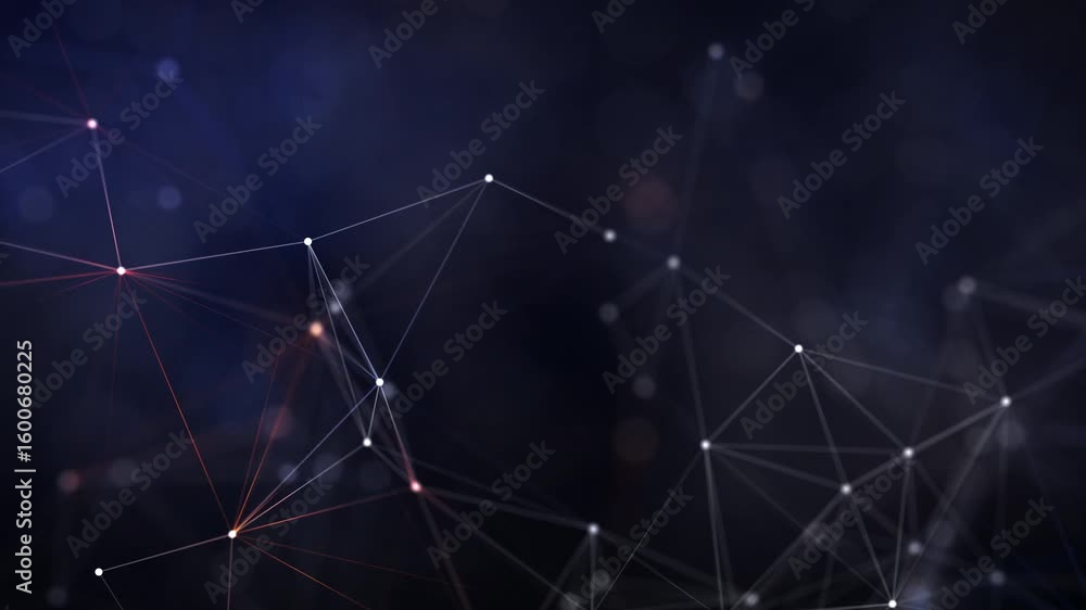 Poster abstract digital network with glowing nodes and lines on dark background. ideal for themes of ai, bi