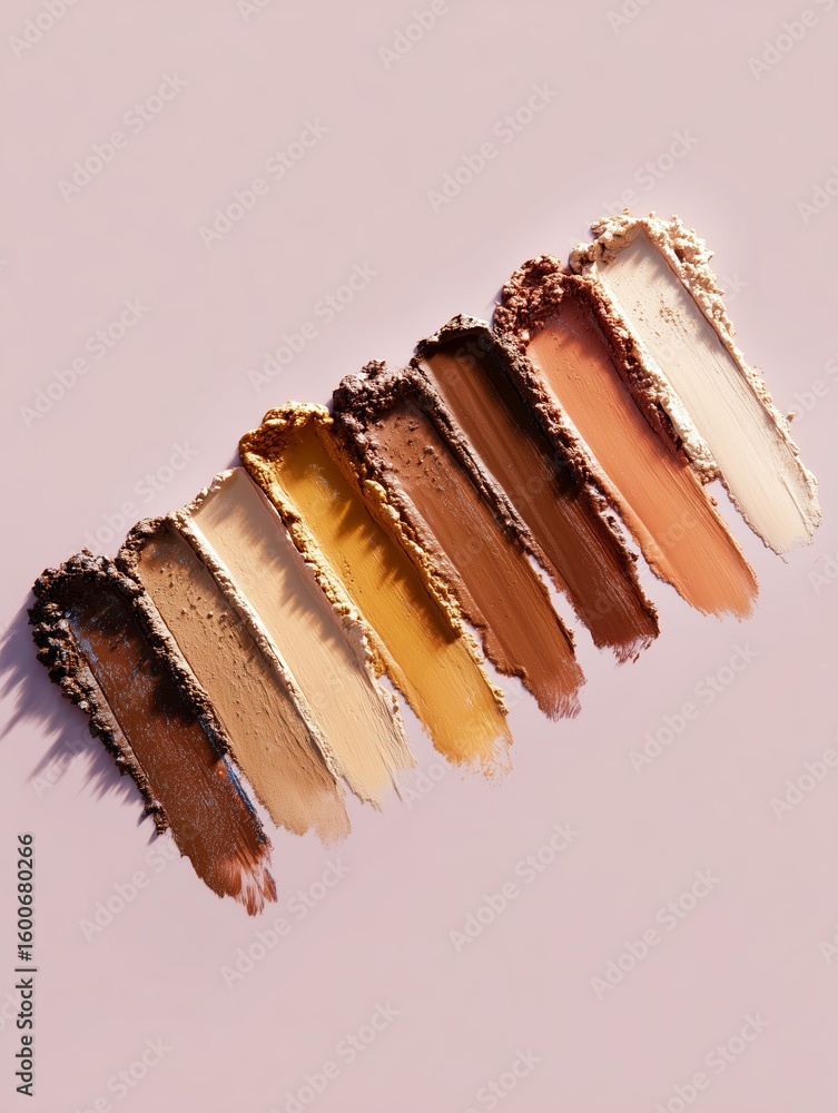 Poster various shades of foundation arranged in an artistic layout on a smooth surface highlighting diverse