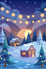 Fototapeta premium Cozy winter village glows with festive holiday lights under a starry night sky, creating a magical, serene Christmas atmosphere perfect for seasonal greetings and celebrations