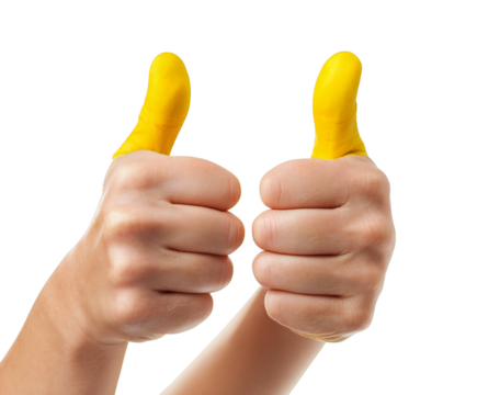 Two hands showcasing thumbs up, expressing approval and positivity, emphasized with yellow finger covers on transparent background
