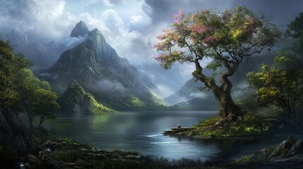 Mountain lake scene, tranquil, vibrant