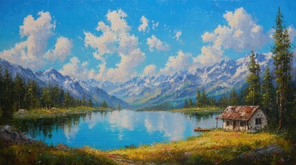 Fototapeta premium Colorful Alpine Lake Landscape With Cabin
