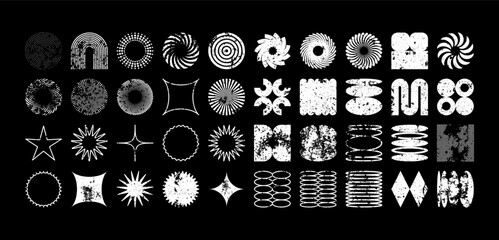 Brutalist geometric shapes, modern grunge symbols. Simple primitive elements and forms, distressed details. Retro design, aged, vintage, trendy contemporary minimalist style, y2k. Vector illustration
