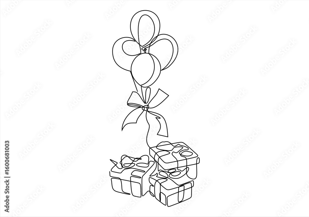 Aufkleber continuous one line drawing of present box with balloons. present box with ribbon and bow outline ve