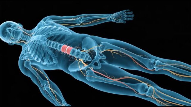 Detailed 3D animation of the human skeleton and nervous system highlighting a painful lumbar spine and sciatic nerve irritation