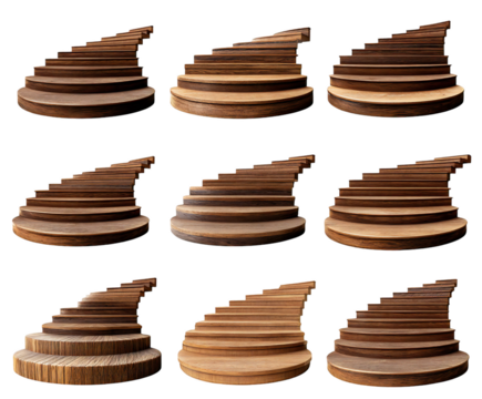Collection of unique wooden curved stairs for interior design, showing different styles and wood tones on transparent background