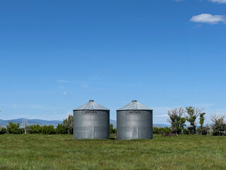 Two silver grain silos stand side by side in a grassy green pasture with a backdrop of trees and...
