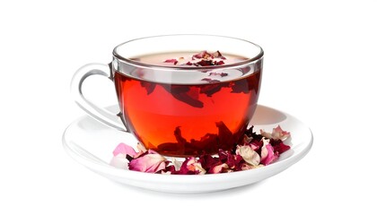 Transparent teacup filled with reddish-brown tea, rose petals on saucer