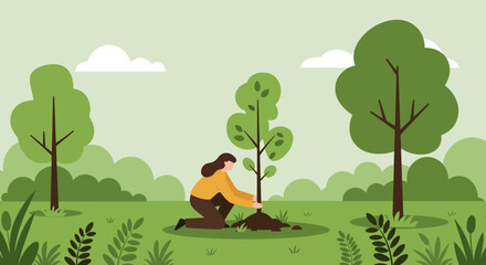 Woman planting tree in a lush green park landscape with minimalist des