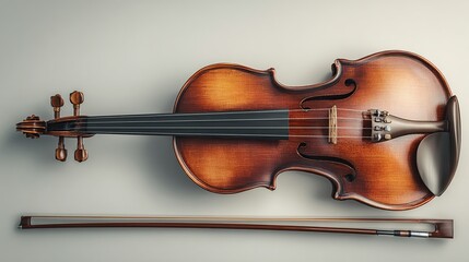 Fototapeta premium Overhead view of a polished, dark-brown violin and its bow, lying on a light-grey surface. The violin's details are sharply visible, and the bow rests parallel