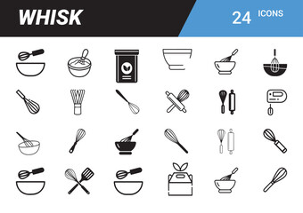 Whisk Icon Set: A comprehensive collection of illustrated whisks, capturing the essence of culinary tools and utensils.