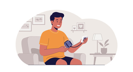Young man checking blood pressure at home in casual setting