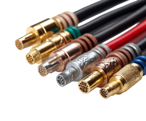Close-up of multicolored electric cables featuring diverse metal connectors, precisely arranged on transparent background