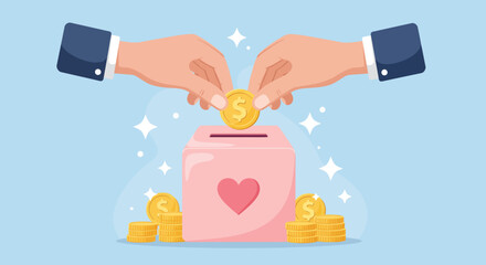 Hands placing coins in heart-emblazoned piggy bank with sparkling back