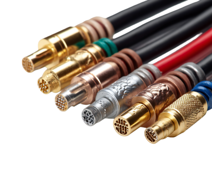 Close-up of multicolored electric cables featuring diverse metal connectors, precisely arranged on transparent background