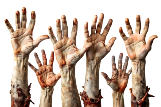 Multiple zombie hands with decaying flesh and dirt are raised upwards against a transparent background evoking horror