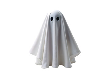A simple cute ghost costume made from a white sheet with black eyes stands against a plain transparent background