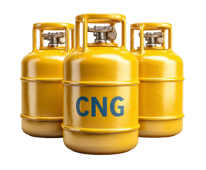 Three shiny yellow CNG compressed gas cylinders stand together in clean presentation on transparent background