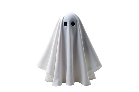 A simple cute ghost costume made from a white sheet with black eyes stands against a plain transparent background - Powered by Adobe