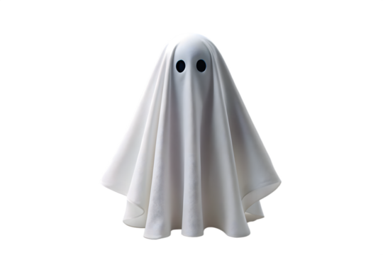 A simple cute ghost costume made from a white sheet with black eyes stands against a plain transparent background - Powered by Adobe