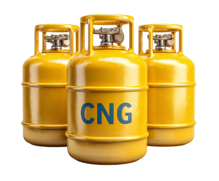 Three shiny yellow CNG compressed gas cylinders stand together in clean presentation on transparent background