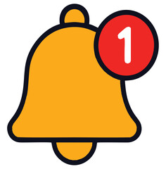Flat Vector Icon of Notification Bell with Red Badge "1" for App or Email Alert on White Background