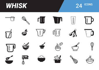 Culinary Illustration: A collection of 24 icons depicting various kitchen tools and food preparation elements. Clean lines and simple design, perfect for culinary-themed projects.