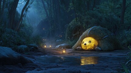 Hay bale creature in mystical forest at night