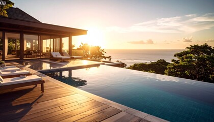 Fototapeta premium Luxury Villa with Pool: A luxurious villa boasts an infinity pool that merges seamlessly with the breathtaking ocean view, kissed by a radiant sunrise.