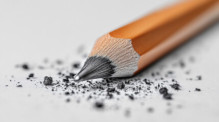 Close-up pencil with graphite shavings on white paper