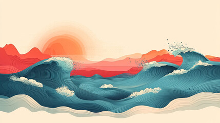 Coastal Sunrise, Dramatic Waves, Asian Style, Peaceful Landscape