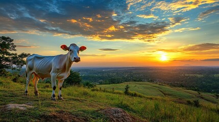 Cow on hilltop at sunset