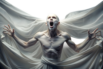 A pale bald man with his mouth wide open in a scream is surrounded by flowing white fabric with his arms outstretched isolated on transparent background