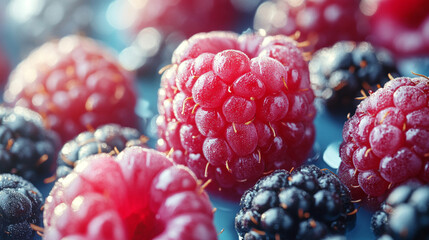 Close-up of fresh raspberries and blackberries on a blue surface; sunlit berries