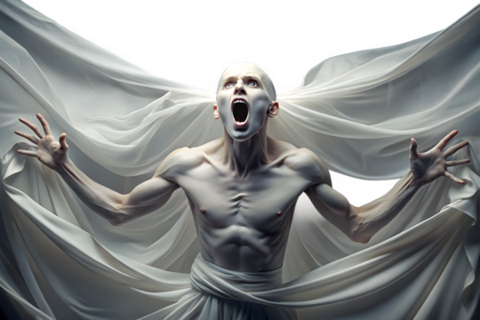 A pale bald man with his mouth wide open in a scream is surrounded by flowing white fabric with his arms outstretched isolated on transparent background