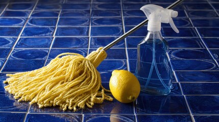 Spring cleaning essentials with mop, spray bottle, and lemon on blue tiled floor,Clean Your Floors Day