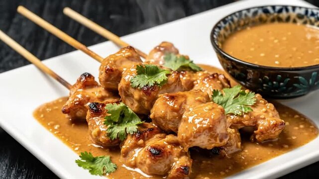 Chicken satay skewers on a white plate with peanut sauce and cilantro garnish next to a patterned bowl of peanut sauce