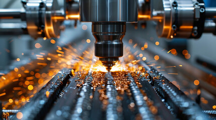 CNC machine cutting metal, sparks flying in factory