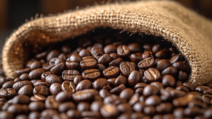 Coffee beans spilling from burlap sack, dark background, rustic