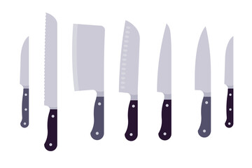 Set of kitchen knives with various blades and black handles. Includes chef knife, cleaver, santoku, serrated and paring knives. Simple illustration, stock flat vector, isolated.
