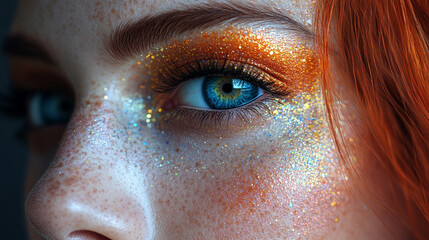 Close-up of Woman with Glittery Makeup, Studio Setting