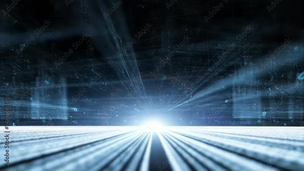 Poster a bright white light emanates from the end of a digital tunnel formed by glowing blue lines and data