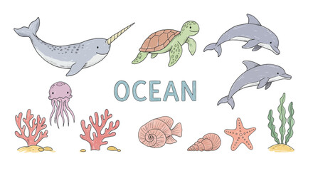 Ocean creatures: playful cartoons of marine animals and coral