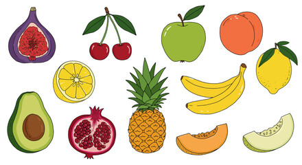 Colorful collection of fresh fruits with bold outlines