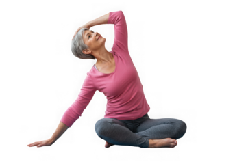 Woman in pink shirt doing yoga pose with arm raised overhead on transparent background